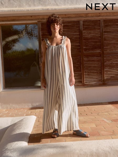 Blue/Ecru Ruffle Strap Wide Leg 100% Cotton Jumpsuit (E35994) | € 57