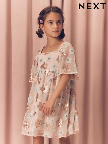 Blush Pink/Blue Floral Sequin Dress (3-16yrs) (E36509) | € 54 - € 62
