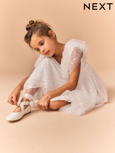 Ivory Glitter Tie Ballerina Occasion Shoes (E37043) | € 31 - € 41