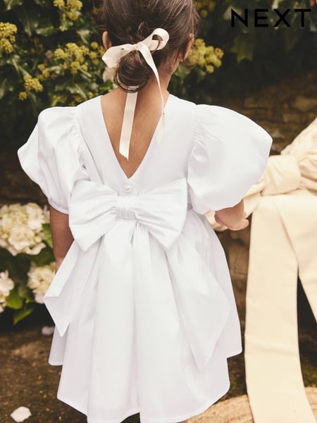 White Flower Girl Taffeta Bow Dress (3mths-8yrs) (E37877) | € 51 - € 60