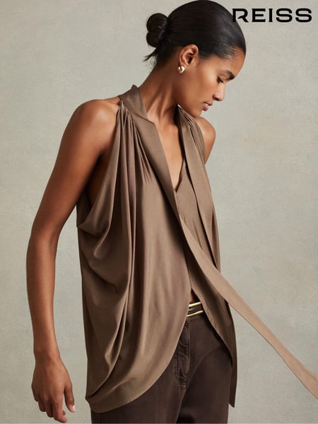 Reiss Dark Mink Luisa Draped Tie Neck Top (E38851) | € 153
