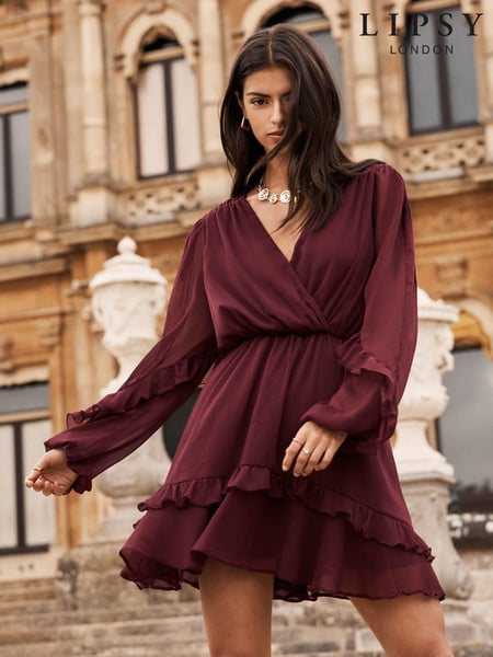Lipsy Burgundy Red V Neck Ruffle Long Sleeve Chiffon Mini Dress (E43416) | € 53