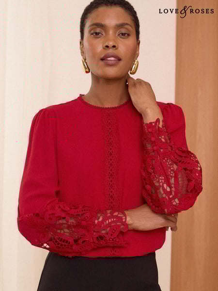 Love & Roses Red Lace Cuff Crew Neck Blouse (E44244) | € 31