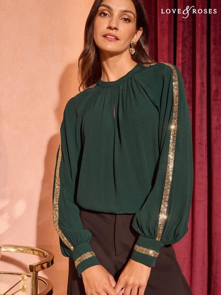 Love & Roses Dark Green Crew Neck Sequin Trim Long Sleeve Blouse (E44248) | € 36