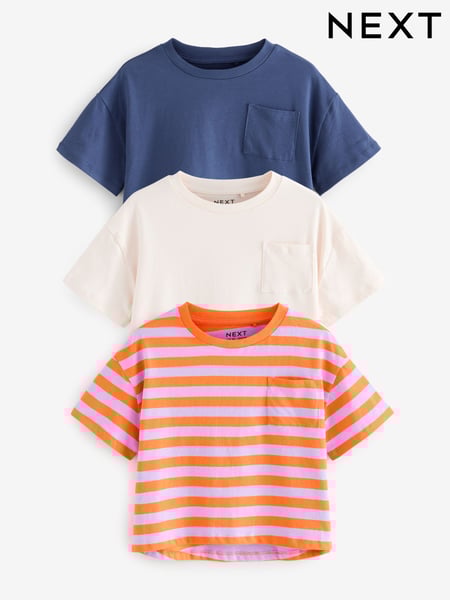 Blue/Orange/Ecru Boxy Stripe T-Shirts 3 Pack (3-16yrs) (E44342) | € 23 - € 31