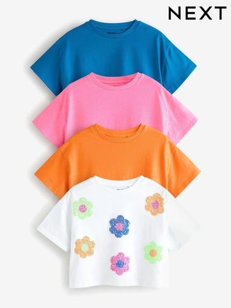Multi Bright 100% Cotton Sequin Flowers Boxy T-Shirts 4 Pack (3-16yrs) (E44343) | € 30 - € 38