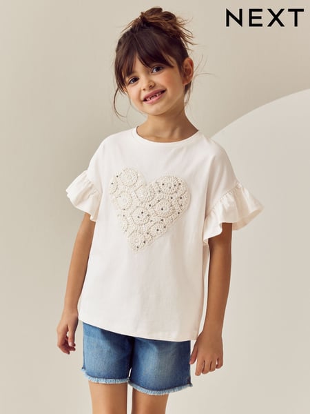 Ecru Sequin Crochet Heart Frill Sleeve T-Shirt (3-16yrs) (E44440) | € 16 - € 23