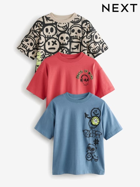 Red/Blue/Cement Graffiti Relaxed Fit Graphic Print Short Sleeve 100% Cotton T-Shirts 3 Pack (3-16yrs) (E45243) | € 27 - € 35