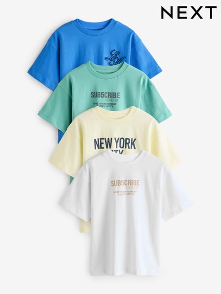 Green/Blue/White/Pale Yellow Relaxed Fit Graphic Short Sleeve T-Shirts 4 Pack (3-16yrs) (E45244) | € 33 - € 41