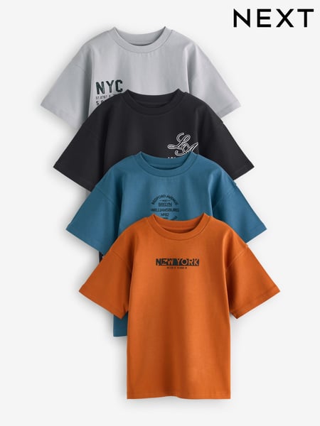 Rust Brown/Black/Blue/Grey Relaxed Fit Graphic Short Sleeve T-Shirts 4 Pack (3-16yrs) (E45247) | € 23 - € 28