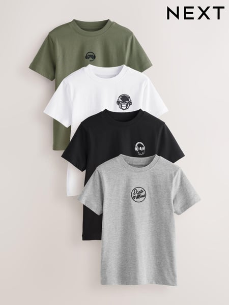 Black/White/Grey Marl/Khaki Short Sleeve Small Graphic T-Shirts 4 Pack (3-16yrs) (E45248) | € 31 - € 40
