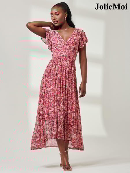 Jolie Moi Pink Wrap Dip Hem Mesh Maxi Dress (E45372) | € 117