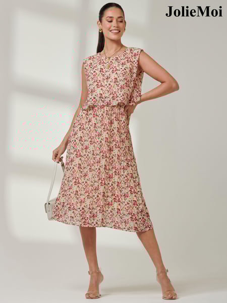 Jolie Moi Red Olena Pleated Overlay Chiffon Midi Dress (E45374) | € 53