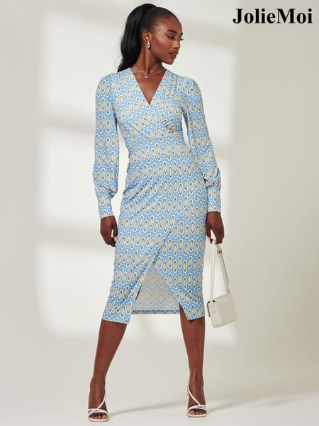 Jolie Moi Blue Print Long Sleeve Jersey Pencil Dress (E45381) | € 46