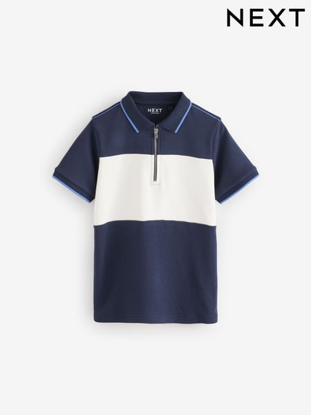 Navy/White 100% Cotton Quarter Zip Colourblock Short Sleeve Polo Shirt (3-16yrs) (E45617) | € 17 - € 24