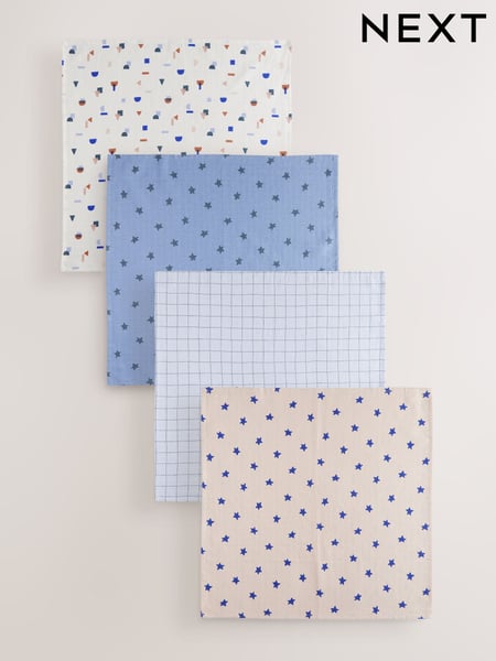 Blue/Tan Star Baby Muslins 100% Cotton Cloths 4 Pack (E45985) | € 14 - € 17