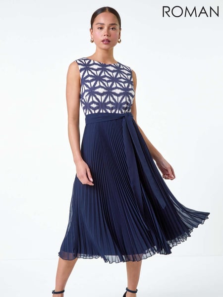 Roman Blue Geometric Print Pleated Midi Dress (E46990) | € 109