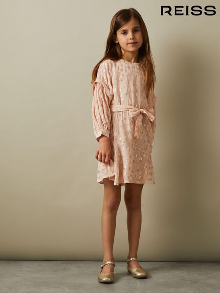 Reiss Pink Allie 4-9 yrs Metallic Jacquard Print Puff Sleeve Dress (E47061) | € 106