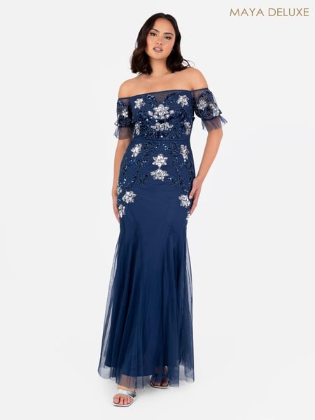 Maya Blue Floral Embellished Bardot Puff Sleeve Maxi Dress (E47069) | € 101