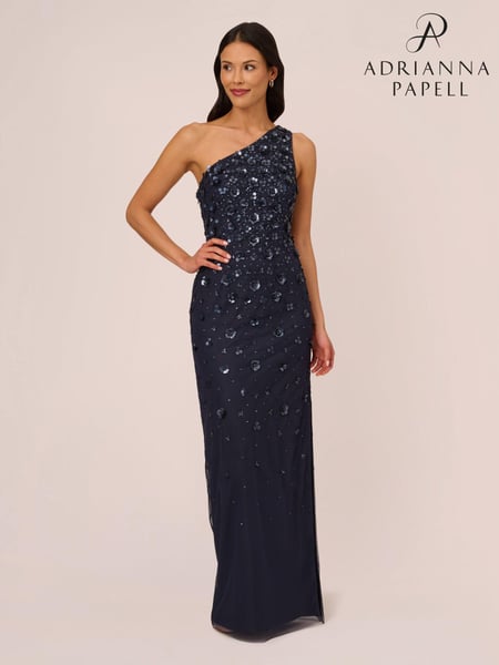 Adrianna Papell Blue One Shoulder Bead Long Dress (E47355) | € 282