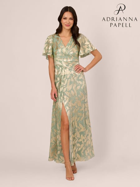 Adrianna Papell Green Foil Leaf Draped Gown (E47369) | € 174