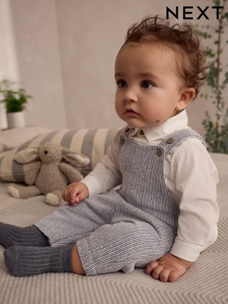 Grey/White Baby Woven 100% Cotton Dungaree and Bodysuit Set (0mths-3yrs) (E47398) | € 28 - € 31