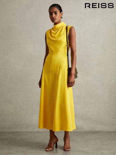 Reiss Yellow Georgia Cowl Neck Seam Detail Midi Dress (E47879) | € 356