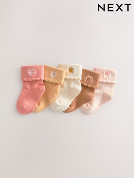 Tan Brown Embroidered Baby Roll Top Socks 5 Pack (0mths-2yrs) (E48282) | € 11