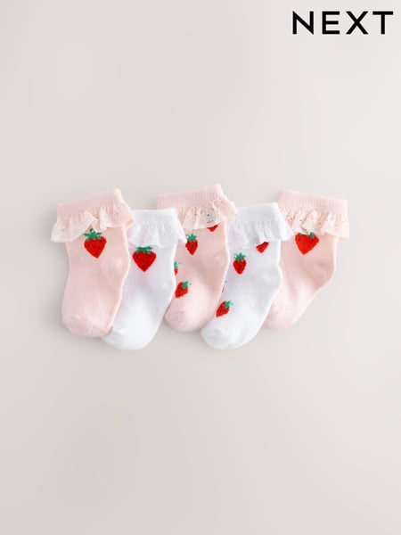 White/Pink Strawberry 5 Pack Strawbery Lace Baby Socks (0mths-2yrs) (E48283) | € 13