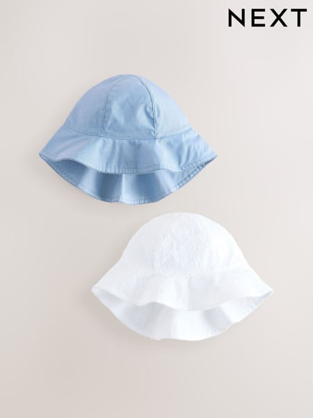 Blue/White Broderie And Chambray 100% Cotton Baby Hats 2 Pack (0mths-2yrs) (E48413) | € 20