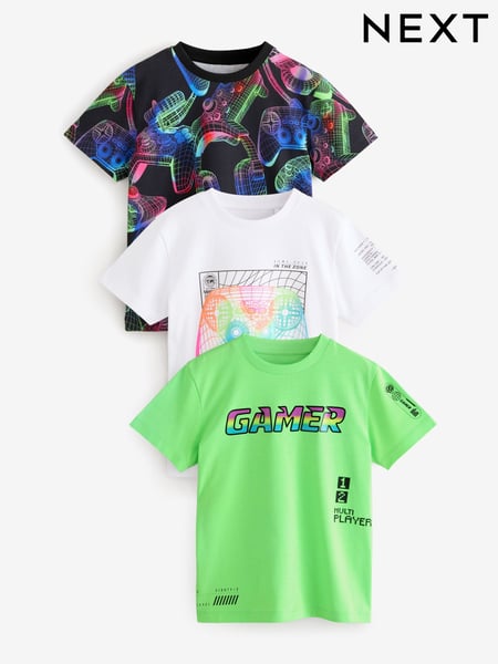 Black/White/Fluro Green Gamer Regular Fit Graphic Short Sleeve 100% Cotton T-Shirts 3 Pack (3-16yrs) (E50635) | € 34 - € 43