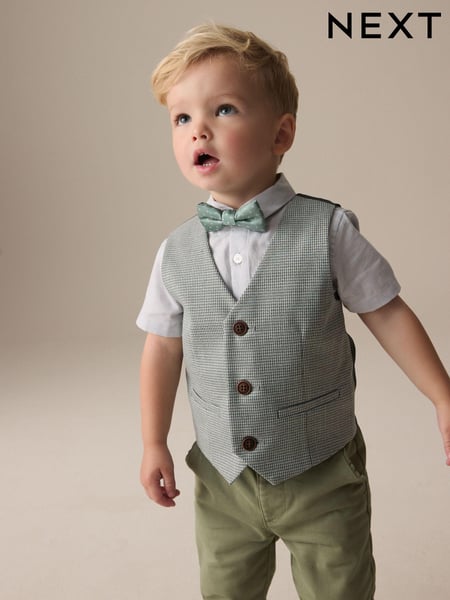 Sage Green Puppytooth Waistcoat, Shirt and Bow Tie Set (3mths-9yrs) (E51028) | € 40 - € 45