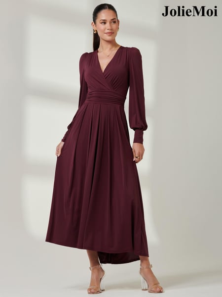 Jolie Moi Burgundy Red Long  Sleeve Soft Silky Jersey Maxi Dress (E51254) | € 148