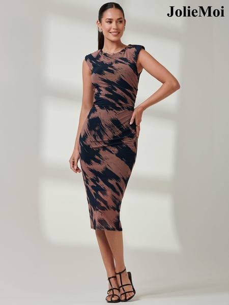Jolie Moi Brown Mesh Shoulder Pad Bodycon Midi Dress (E51256) | € 43
