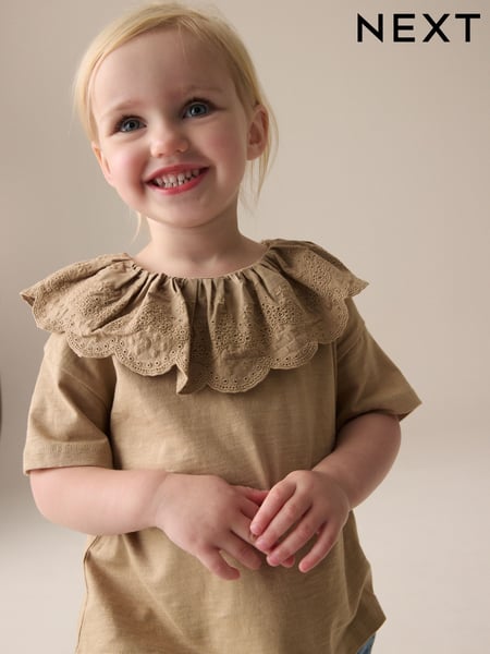 Brown Short Sleeve Broderie Collar 100% Cotton Top (3mths-7yrs) (E51281) | € 10 - € 13
