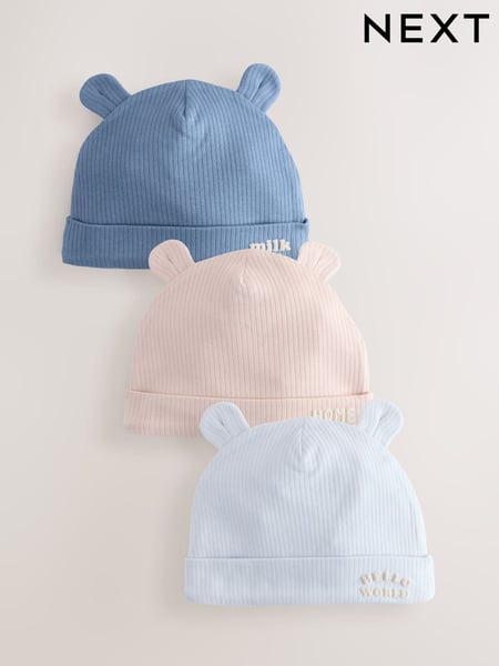 Blue 100% Cotton Slogan Baby Beanie Hats 3 Pack (0-18mths) (E51307) | € 10