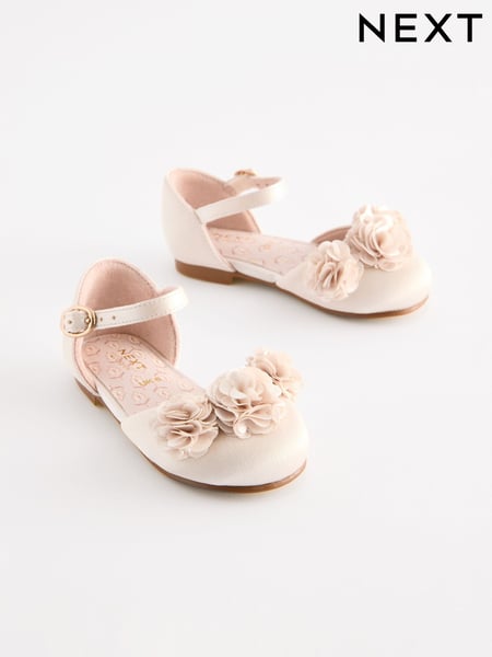 Ivory Satin Flower Girl Ankle Strap Corsage Occasion Shoes (E51392) | € 30 - € 33