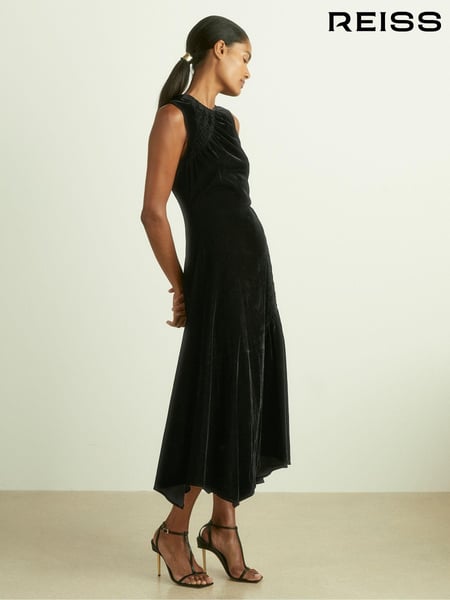 Reiss Black Blakely Velvet Shirred Panel Midi Dress (E52512) | € 418