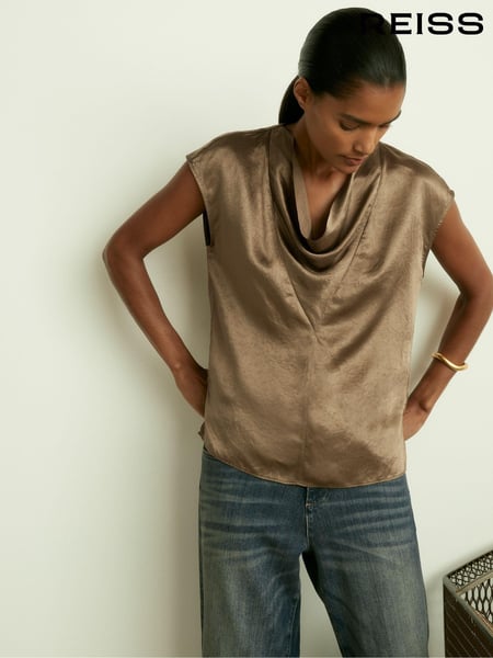 Reiss Khaki Fina Satin Cowl-Neck Top (E52517) | € 184