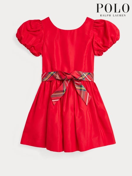 Polo Ralph Lauren Girls Red Belted Puff Skirt Occasion 100% Cotton Dress (E53313) | € 97 - € 105