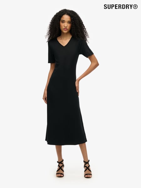 Superdry Black Short Sleeve V-Neck Midi Jersey 100% Cotton. Dress (E54011) | € 53