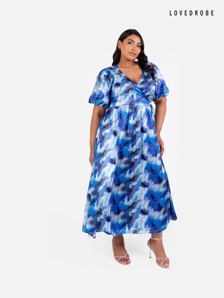 Lovedrobe Blue Satin Faunctional Wrap Puff Sleeve Midaxi Dress (E54183) | € 47