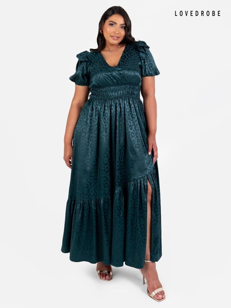 Lovedrobe Green Satin Jacquard Shirring Waist Wrap Front Maxi Dress (E54188) | € 54