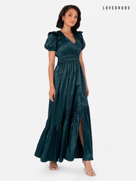 Lovedrobe Green Satin Jacquard Shirring Waist Wrap Front Maxi Dress (E54283) | € 49