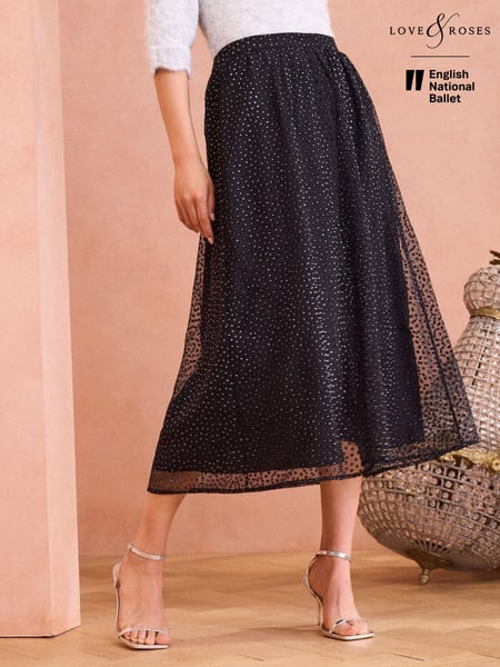 Love & Roses Black Glitter Mesh Full Midaxi Skirt (E54340) | € 43