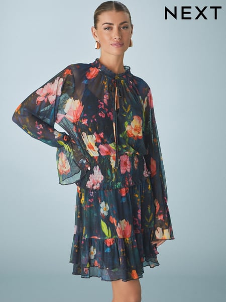 Navy blue Floral Floral Mesh Tie Neck Mini Dress (E54612) | € 49