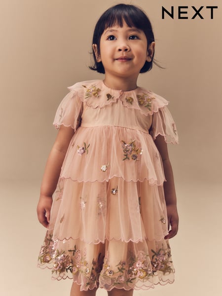 Peach Pink Short Sleeve Mesh Embellished Dress (3mths-7yrs) (E54786) | € 48 - € 54