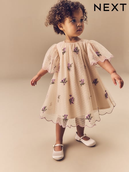 Neutral Short Sleeve Mesh Embellished Dress (3mths-7yrs) (E54789) | € 33 - € 38