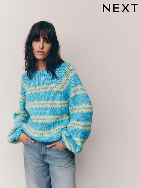 Blue Green Stripe Oversized Soft Touch Scoop Neck Chunky Knitted Jumper (E55485) | € 29