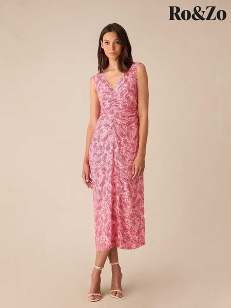 Ro&Zo Pink Petite Paisley Ruched Front V-Neck Midi Dress (E55557) | € 67